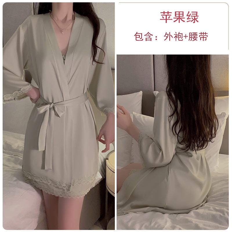 

Satin plus chest pad pleated mesh small chest showing large satin lace nightdress robe loungewear set one size fits all