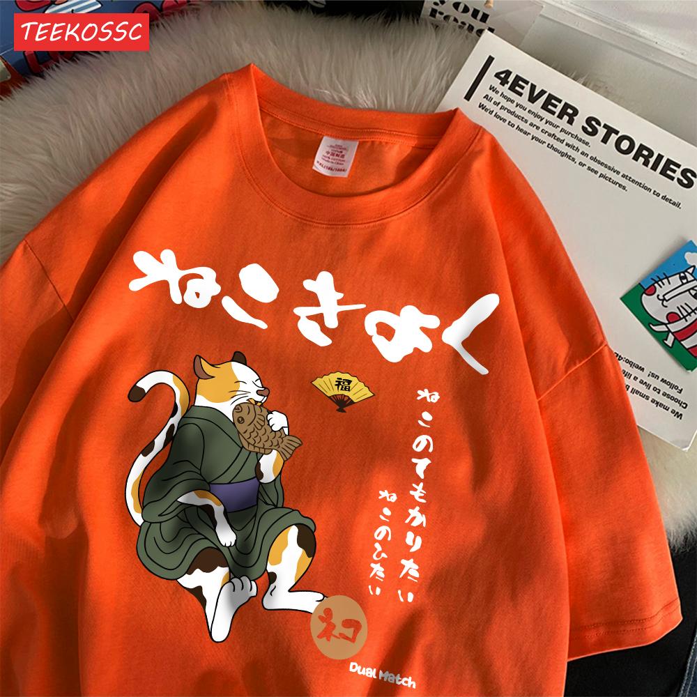 Casual Cotton WomenS TShirts Japanese Retro Fun Cats Printing Tees ONeck Loose Soft Short Sleeve Summer Street Female Clothes
