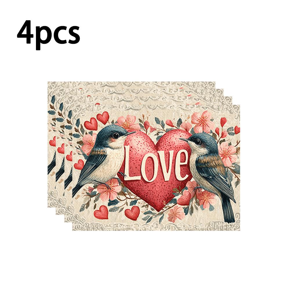 1pc/4pcs/6pcs Valentine's Day Heart Bird Placemats Suitable for Dining Table Decorations, Machine-Washable Rectangular