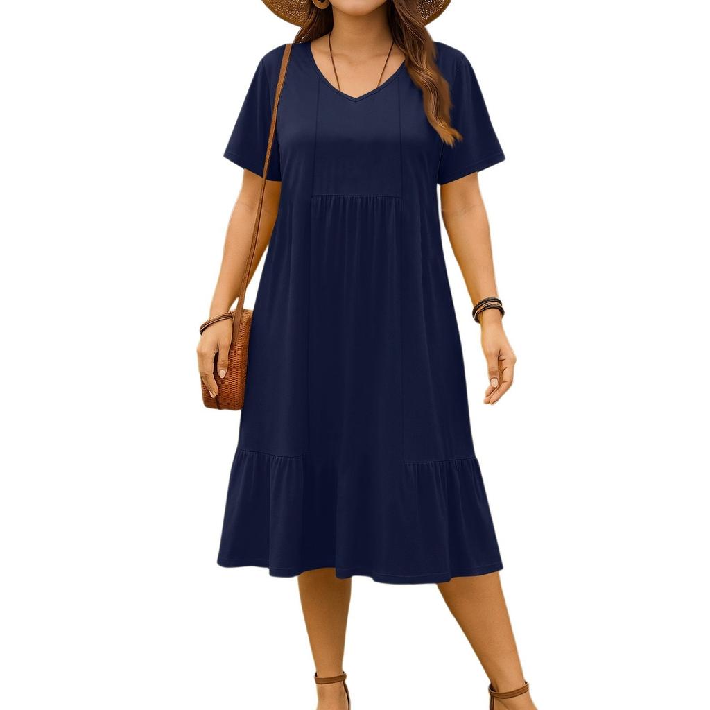 Women's vintage pleated V-neck dress in solid color