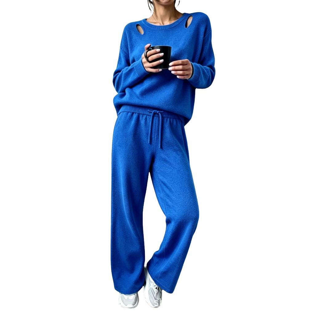 Women's Cutout Off-the-Shoulder Long Sleeve Knit Two-Piece Set for Casual Wear
