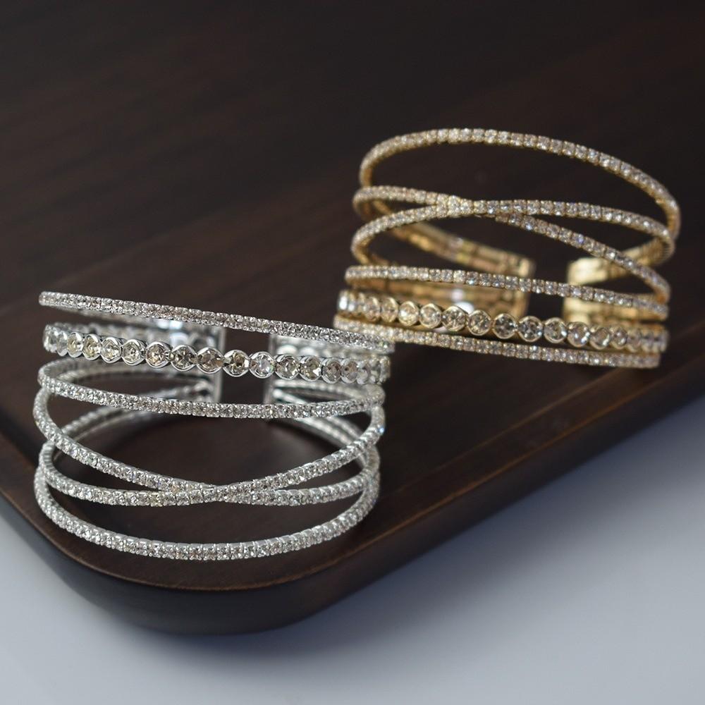 Alloy Multi-layer Rhinestone Cuff Bracelet Irregular Stretch Opening Brushed Bangle Jewelry Dark Grey Silver Wrist Circle