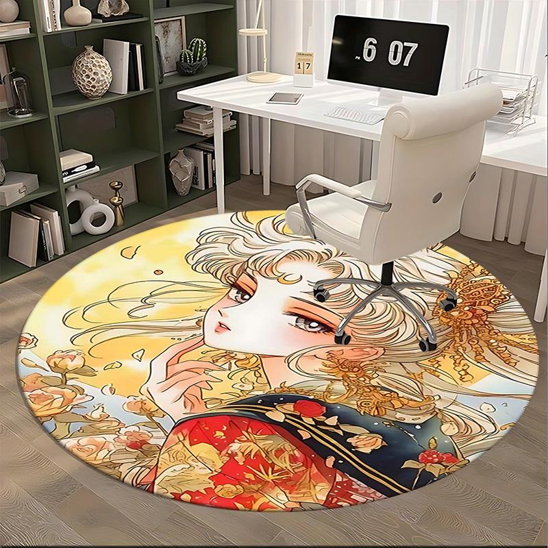 1pc Anime Design Round Carpet Office Chair Mat, Non Slip Rug with Floral Patterns for Home Decor, All Seasons