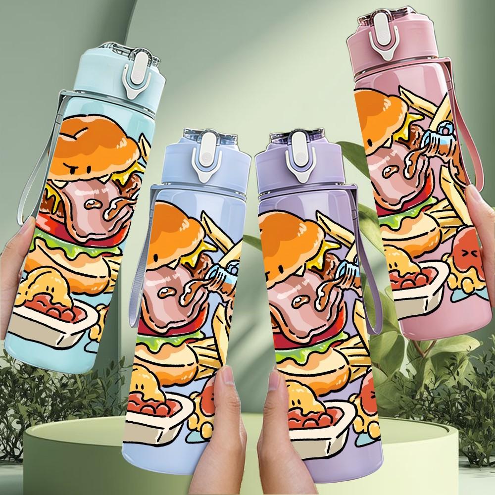 1PC Abundant Delicious Food Plate Print 750ml Color Plastic Sports Water Bottle Leakproof Flip Straw Lid Suitable for Sports Office Home Use