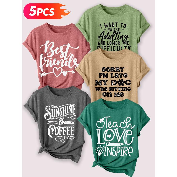 Lele Orientation Five-piece set for women T Shirt Simple English phrases with healing handwritten text and vintage print Spring, Summer, Autumn