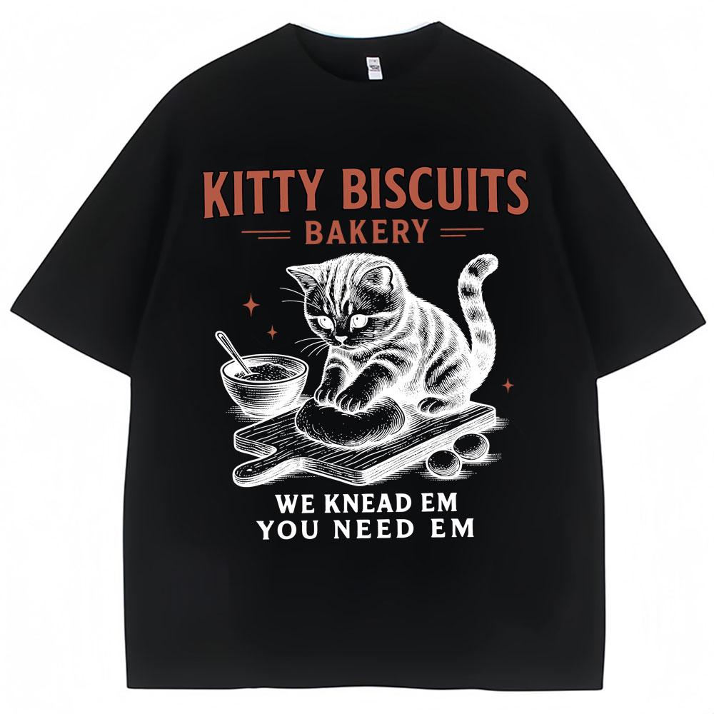 Funny Kitty Cat Biscuits Meme Graphic Vintage T Shirts Men Women Humor Fashion T Shirt Oversized Cotton Casual T-shirt