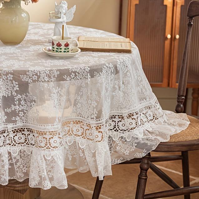 Vit spetsbroderad rund duk, blommönster, vintagecharm för matsal, sovrum, café, festdekoration