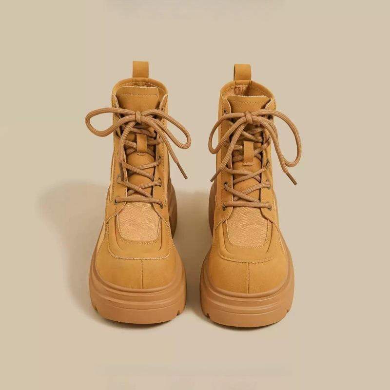 

2025 autumn and winter new thick-soled Martin boots women s green thin splicing retro lace-up British style knight short boots 35