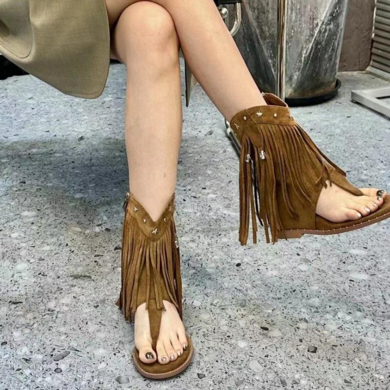 Tassel Rivet Herringbone Pinch Sandals New Inner Heightening Side Zipper Cool Boots Western Boots