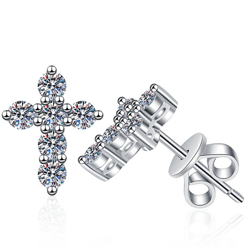 Unisex Moissanite Inlay 925 Sterling Silver Cross Stud Earrings - Street Style & Personality