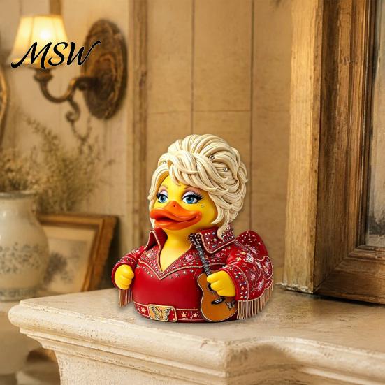 Small Desktop Display Piece Parton Memorial Duck, Dolly Duck Figurine, Country Music Statue, Guitar-Themed Resin Statue for Home Decor Decorative