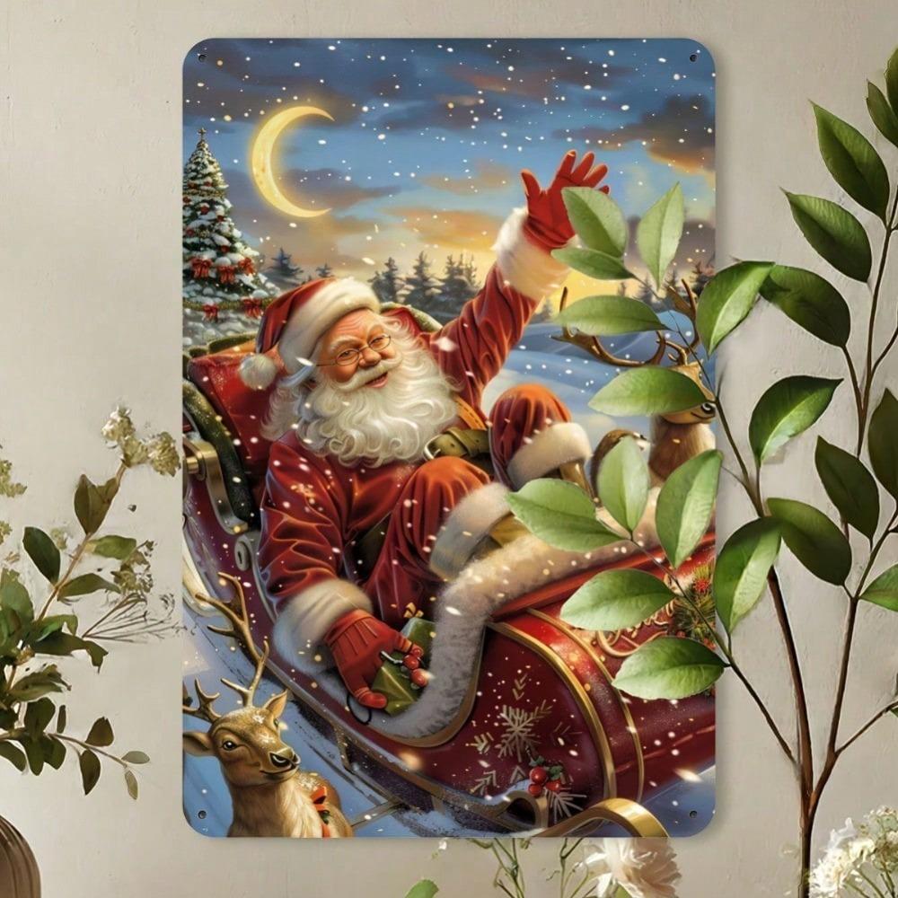 Vintage Santa Sleigh Metal Tin Sign 8x12 Inch Iron Plate Wall Art Home Decor Christmas