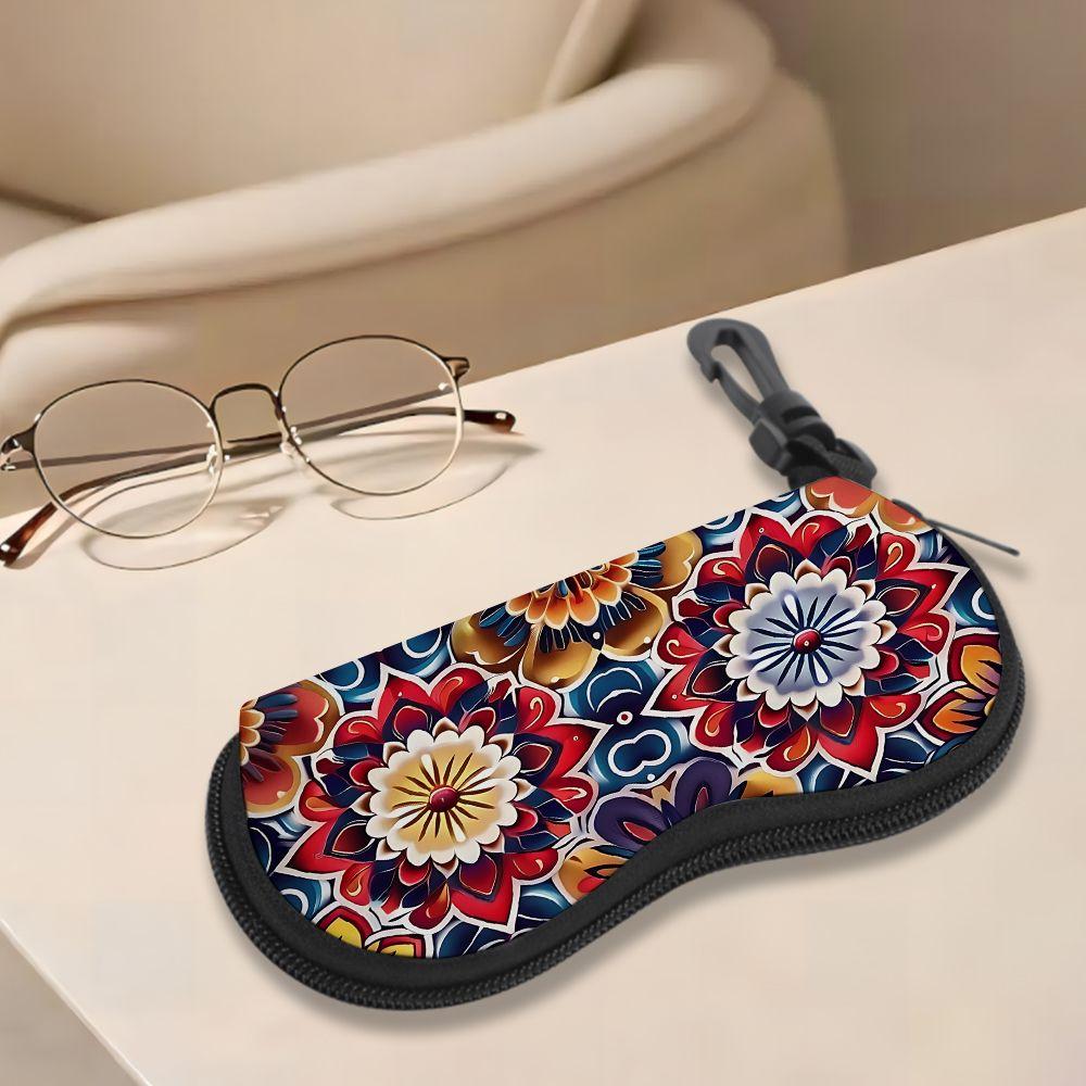 2D-Boho Floral Pattern Zipper Sunglasses Case, Vintage Mandala Print Eyeglasses Storage Box, Portable Protective Eyewear Container for Travel Women