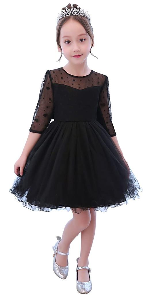 Weileenice Piano Recital Size Formal Soft Embroidered Lace Dress with Sleeves Children's Dress, Black, 110, Girls' Dress, Wedding, Shichi-Go-San,
