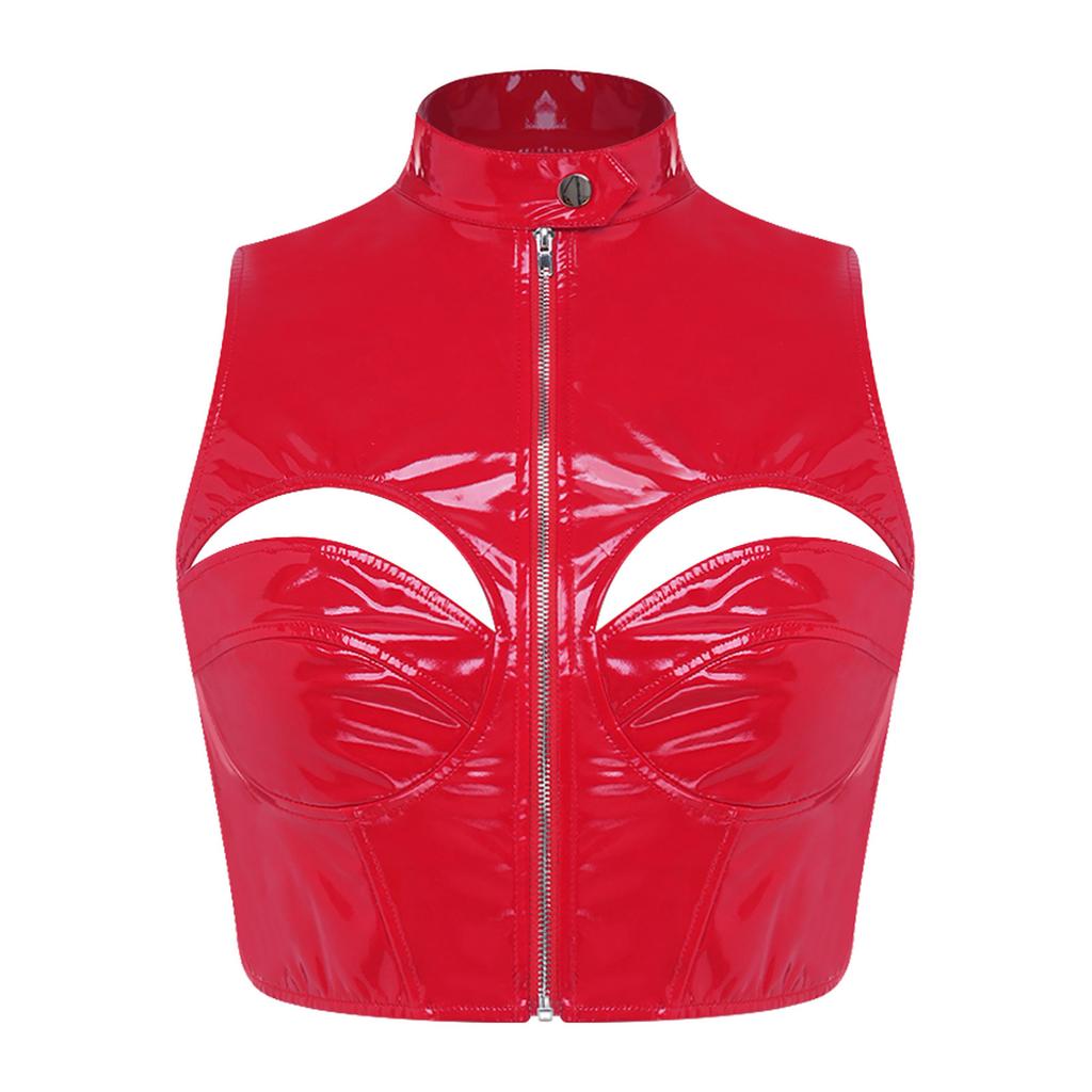 Women PU Leather Crop Top Funny Hollow Out Mock Neck Sleeveless Front Zipper Vest Tank Top