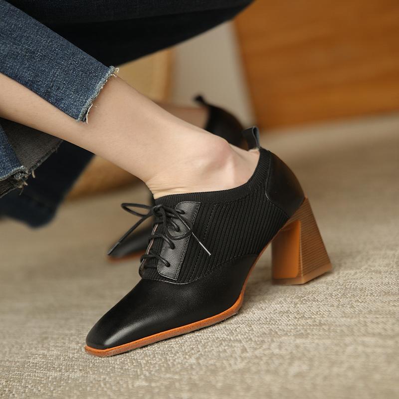 Fashion Comfortable Genuine Leather Women's Ankle Boots Elegant Square Toe Thick Heels Pumps Party Lace-up Shoes Woman 2024 New
