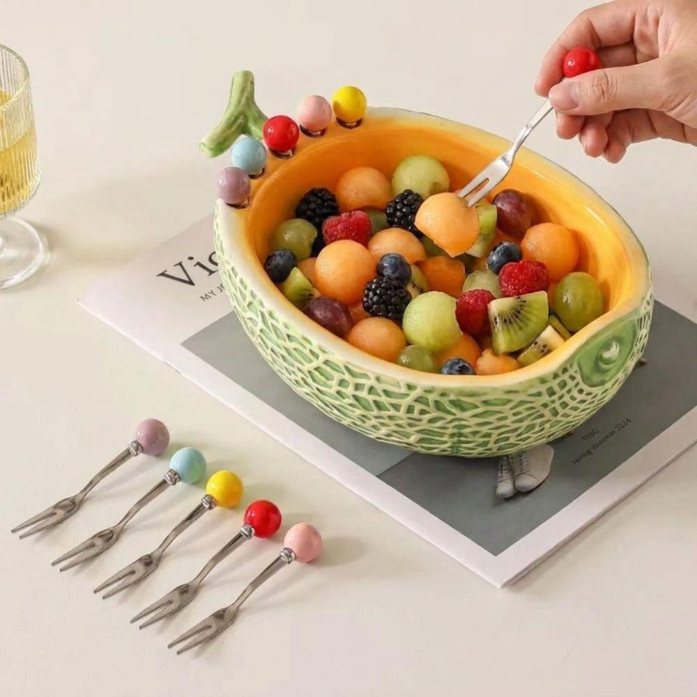 Large Capacity Fruit Serving Plate Hami Melon Shape Snack Plate with Fork Fruit Insert