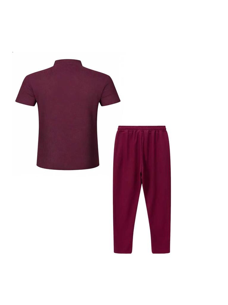 2026 Men's European & American Summer Henley T-Shirt + Drawstring Pants Set