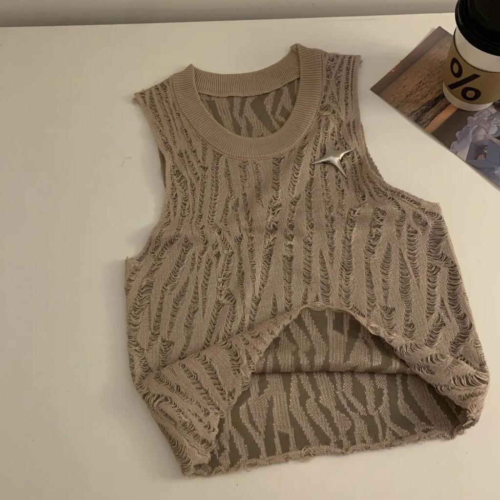 American Retro Cool & Hot Style Ripped Sleeveless Tank Top Women's Summer Short Outerwear Slim High-Waist Crop Hot Girl Top