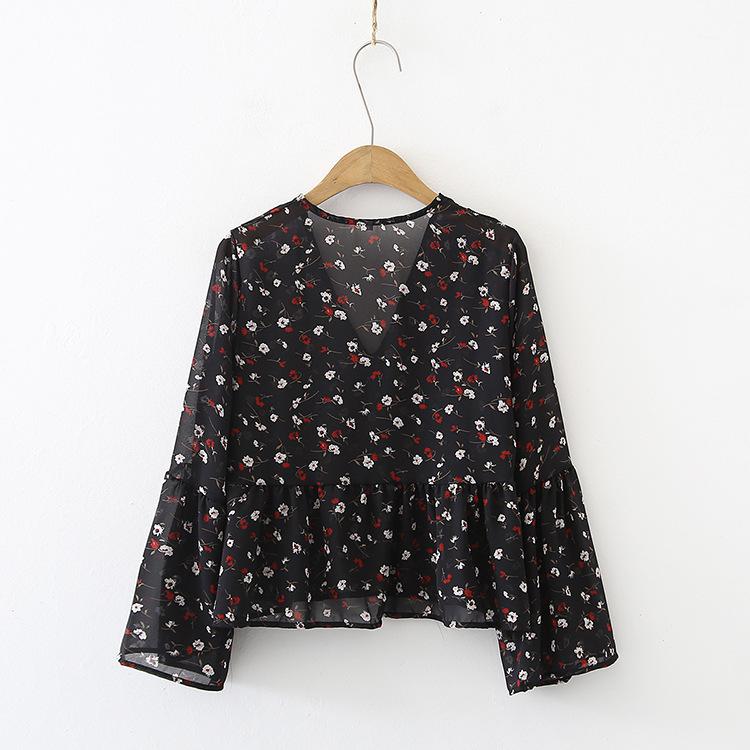 Button Up Skirt Doll Top Retro Floral V-neck Flared Sleeve Chiffon Shirt for Women
