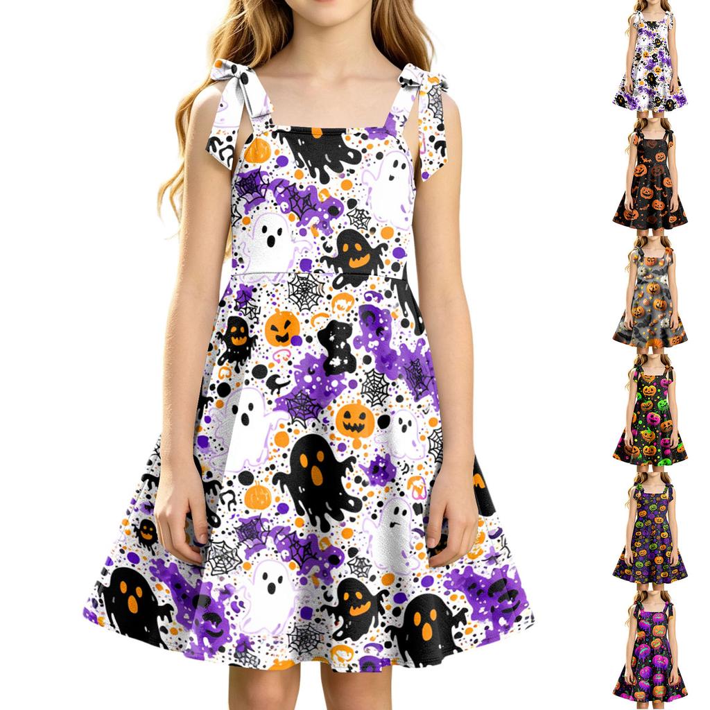 Girls Halloween Print Sleeveless Strap Dress for Party Celebrations