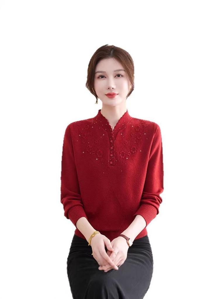 2026 Elegant Chinese-Style Wool Sweater for Moms: Autumn Knit Base Layer for Middle-Aged and Elderly Women