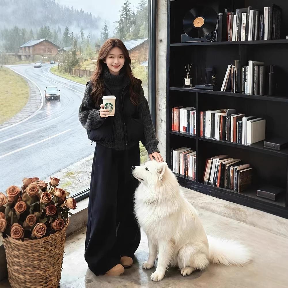 Women's Korean-Style Three-Piece Set: Spring Knitted Sweater, Cotton-Padded Vest, and Wide-Leg Pants.