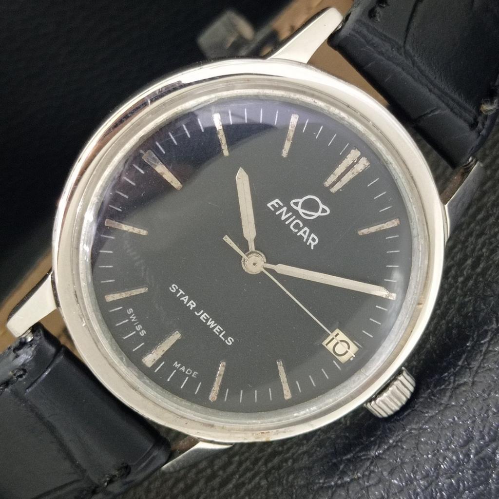 

ENICAR STAR JEWELS VINTAGE HAND-WINDING SWISS MENS BLACK DIAL WATCH a703864-1 R213f-a703864