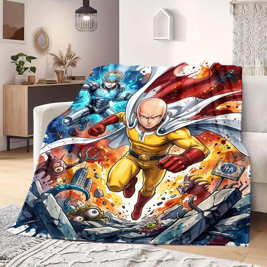 One Punch Man Stylish 2D Cartoon Flannel Blanket, Printed Decor for Sofa, Soft Bedding Travel Picnic Rug_LIAN
