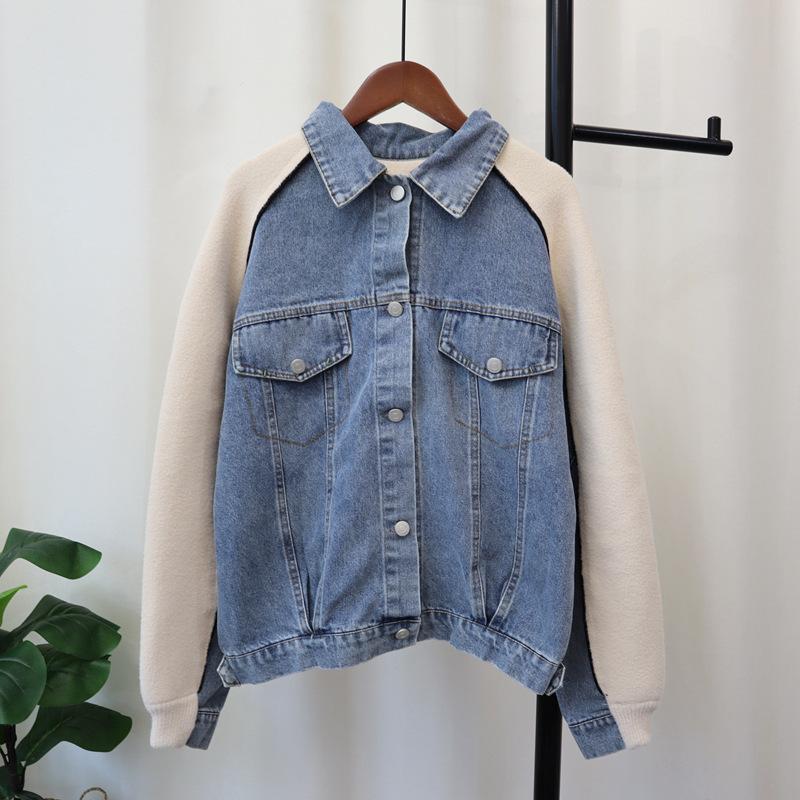 Autumn and winter new design sense splicing denim knitted double-sided cardigan loose and thin sweater jacket women
