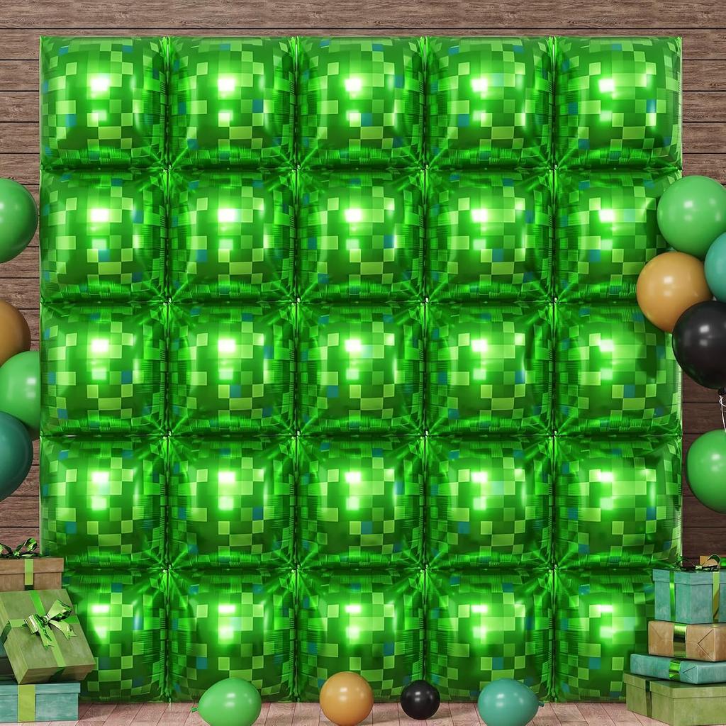 Green pixel square balloon wall, square aluminum foil balloon wall background balloon game theme birthday party decoration