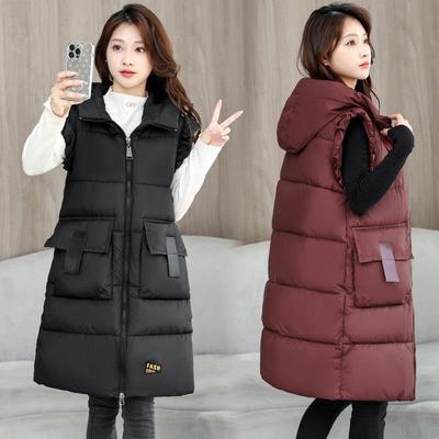 Large Size Autumn and Winter Women's Vest Hooded Mid-length Outdoor Thickened Windproof Warm Vest Loose Sleeveless Jacket Jacket