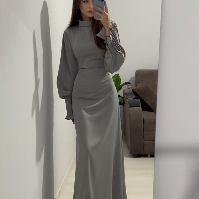 Women's Pleated Waist Tie Long Sleeve Dress