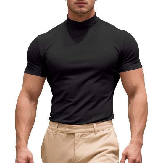 Men Casual T-shirt Half High Collar Short Sleeve Slim Fit Pullover Tops Solid