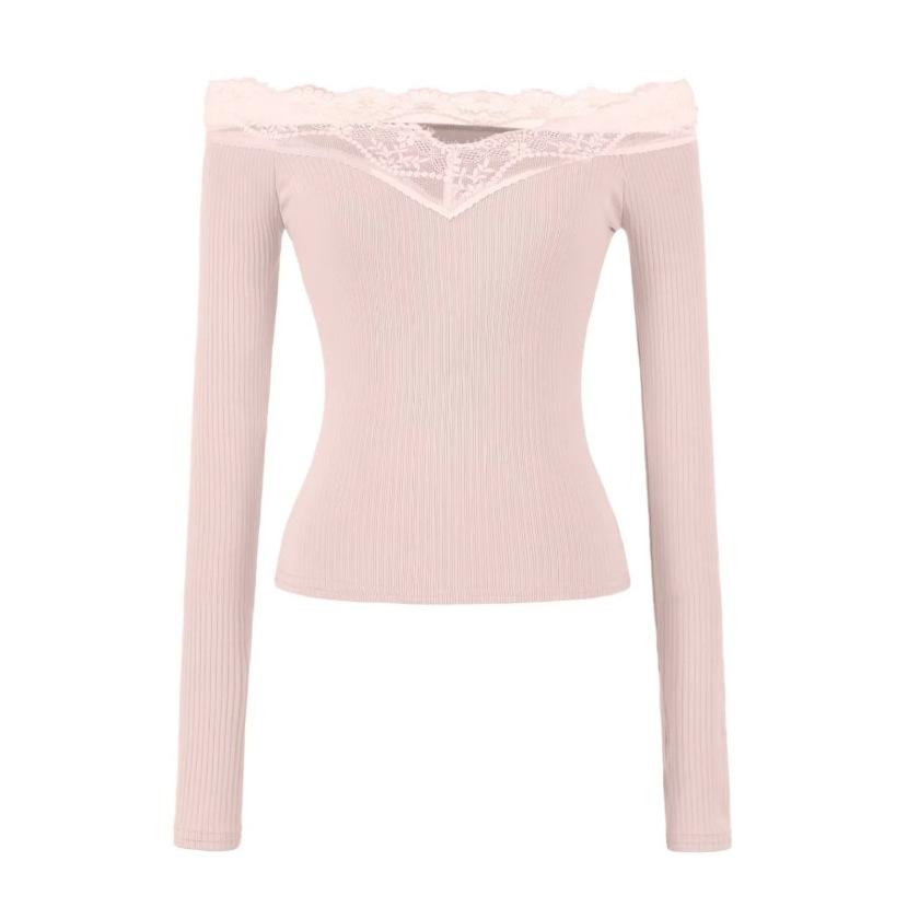 Lace One-word Shoulder Long-sleeved T-shirt Women's Spring and Summer New American Spice Girl Solid Color Splicing Bottoming Shirt Top