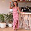 Damen Floral Spaghettiträger Offener Rücken Bodycon Maxikleid