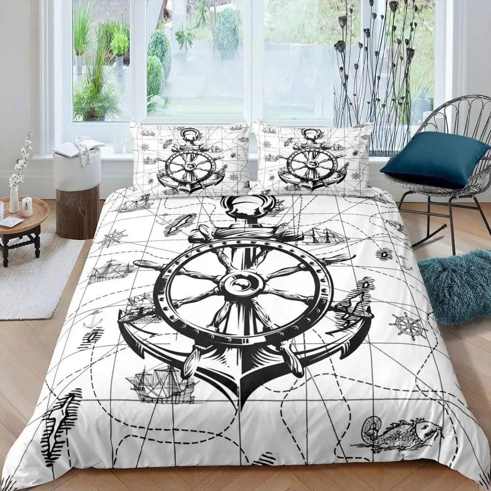 Anchor Nautical King Queen Duvet Cover Vintage Plank Blue Bedding Set Camping Adventure Quilt Cover Polyester Comforter Cover