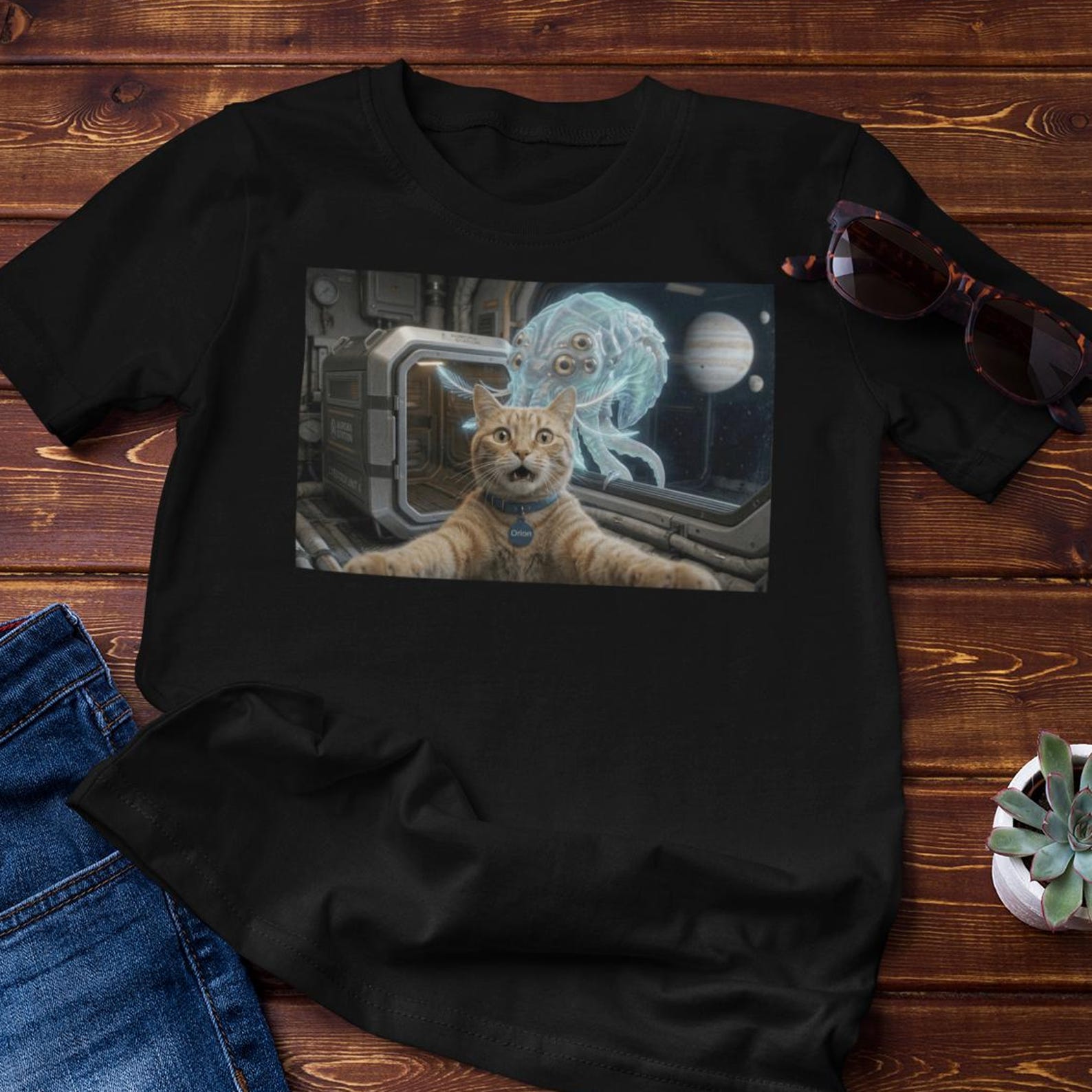 Funny Shirt - Shocked Cat Selfie in Space | Jellyfish Alien Cotton Tee 3XL