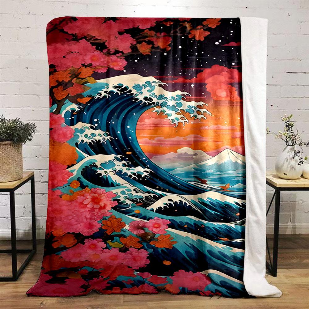 "Cherry Blossoms and Ocean Waves Art" Patterned flannel blanket perfect for the bedroom living room, sofa, or a little nap