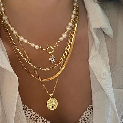 Collar de Cadena de Perlas de Imitación con Disco y Ojo Maligno Multicapa Set de 4 Piezas Moda para Mujer Accesorio Versátil Diario