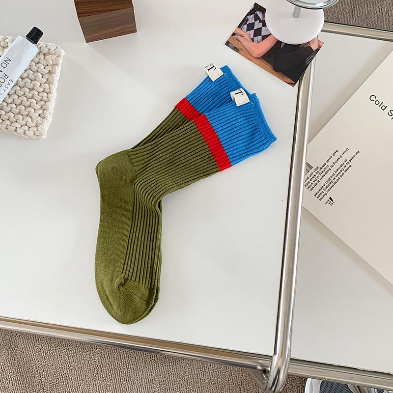 Contrast Colored Socks, Women's High Top Pile Up Socks, Korean Version of Spring/summer Cotton Socks