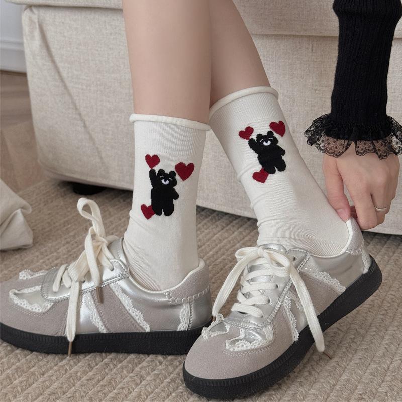 Rolled-up Socks for Women, Autumn Red and White Mid-calf Socks, Cartoon Bear Pile Socks, Striped Boneless Socks