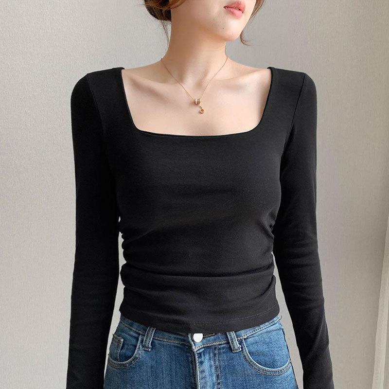Square neck bottoming shirt women's 2025 new women's clothing, thin big neck white inner pleated waist long-sleeved chic top