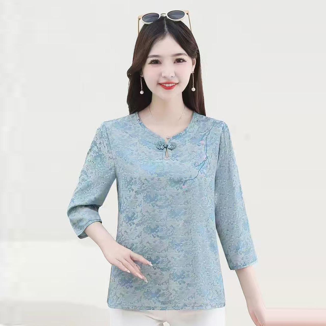 Chic Casual Women s Plus Size Summer Top - Three-Quarter Sleeve Slimming Blouse 4XL синий