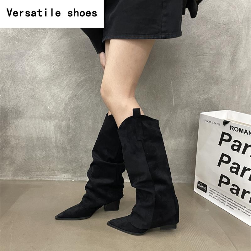 Vinter Designer Dam Knähöga Stövlar Mode Spetsig Tå Slip On Långa Stövletter Designer Tjocka Klackar Botas De Mujer