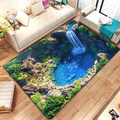 2D Waterfall Landscape Area Rug Realistic Forest Creek Nature Scenery Floor Mat Soft Non-Slip Home Decor Carpet for Living Room