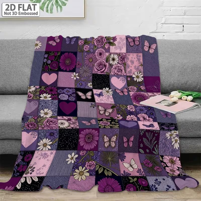 Purple Vintage Patchwork ArtFloral Checkered Dove Heart PatternHigh-Quality Single-Sided Printed Flannel Blanket