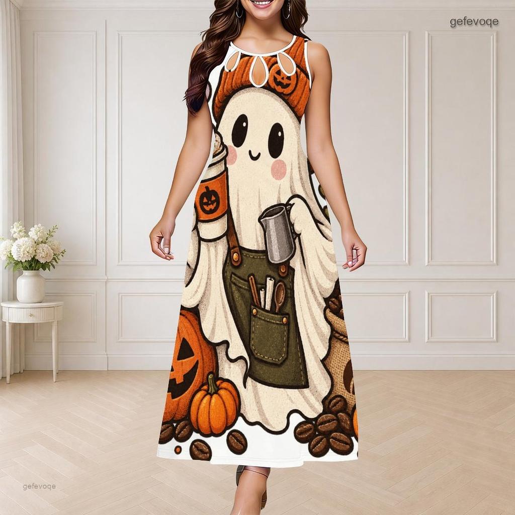 Women Plus Size Round Neck Triple Keyhole Cutout Sleeveless Maxi Dress Halloween Printed