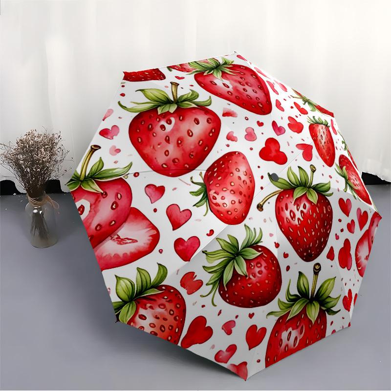 1pc Strawberry Heart Pattern Automatic Folding Umbrella, 8-Rib Iron Frame, Casual Outdoor Accessory for Birthday Festival Gifts Yy251128104