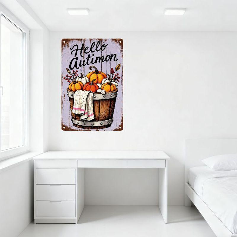 Vintage Hello Autumn Metal Tin Sign with Wooden Barrel Pumpkins Red Berries Cotton Bolls Rustic Fall Home Decor for Café Bar Man